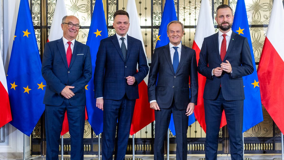 Na zdjęciu liderzy koalicyjnych ugrupowań: Włodzimierz Czarzasty, Szymon Hołownia, Donald Tusk i Władysław Kosiniak-Kamysz