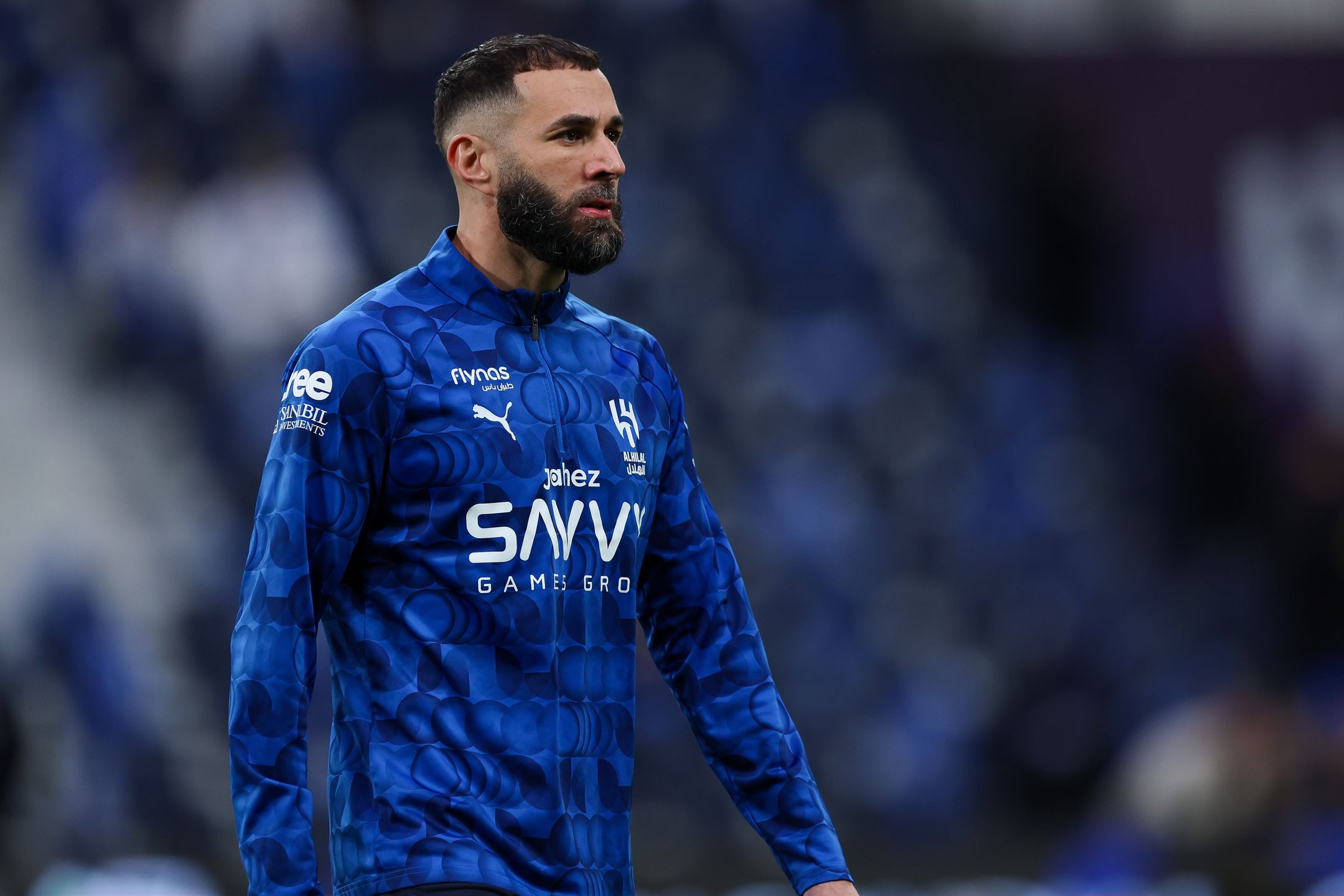RIYADH, SAUDI ARABIA - FEBRUARY 21: Karim Benzema of Al Hilal warming up prior the Saudi Pro League match between Al Hilal and Al Ittihad at Kingdom Arena on February 21, 2026 in Riyadh, Saudi Arabia. (Photo by Yasser Bakhsh/Getty Images)
