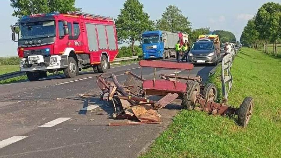 Służby ratunkowe otrzymały zgłoszenie o zderzeniu auta osobowego z zaprzęgiem konnym.