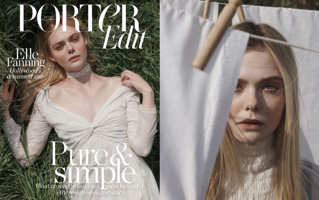 Elle Fanning leży w trawie i chowa się za praniem