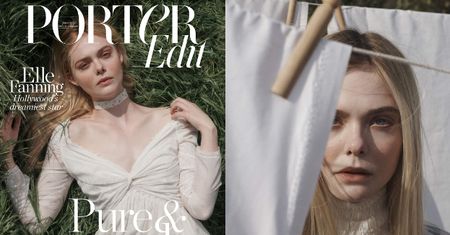 Elle Fanning leży w trawie i chowa się za praniem