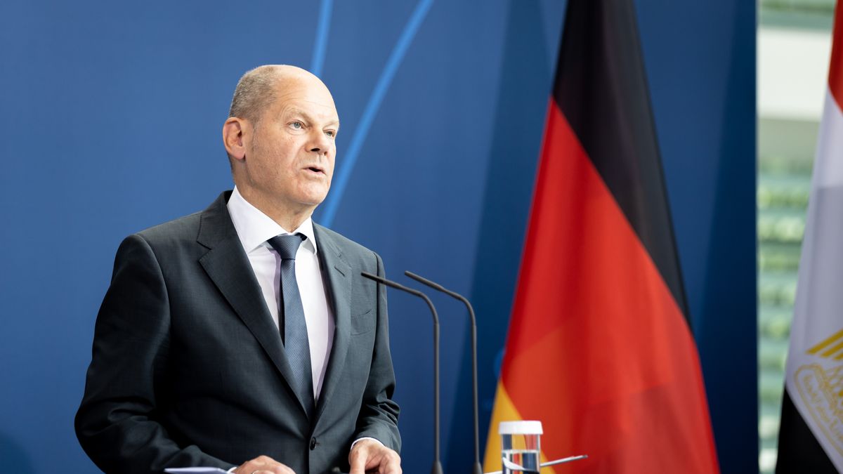 BERLIN, GERMANY - JULY 18: 
German Chancellor Olaf Scholz speaks during a press conference with the President of Egypt, Abd al Fattah as-Sisi.