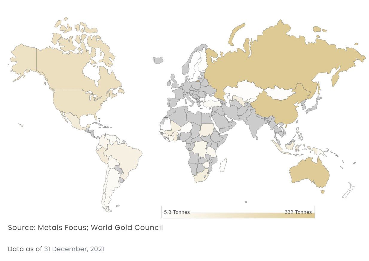Światowe wydobycie złota według WGC stan na koniec grudnia 2021 r.