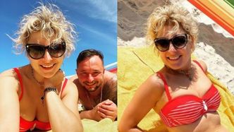 Magdalena Narożna w czerwonym bikini smaży się na plaży w Łebie. "Parawan OBOWIĄZKOWY" (ZDJĘCIA)