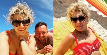 Magdalena Narożna w czerwonym bikini smaży się na plaży w Łebie. "Parawan OBOWIĄZKOWY" (ZDJĘCIA)