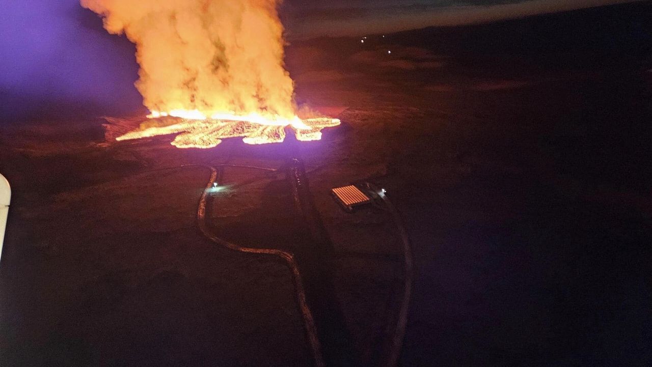 Fiery lava is heading towards the town of Grindavik.