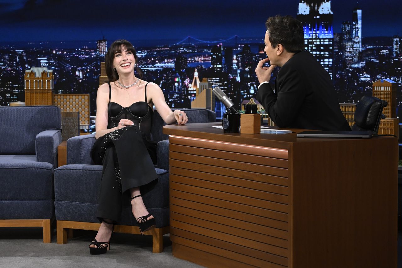 THE TONIGHT SHOW STARRING JIMMY FALLON -- Episode 1962 -- Pictured: (l-r) Actress Anne Hathaway during an interview with host Jimmy Fallon on Monday, April 29, 2024 -- (Photo by: Todd Owyoung/NBC via Getty Images)