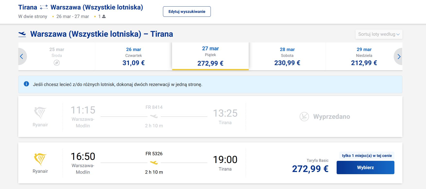 Powrotne loty z Warszawy do Tirany