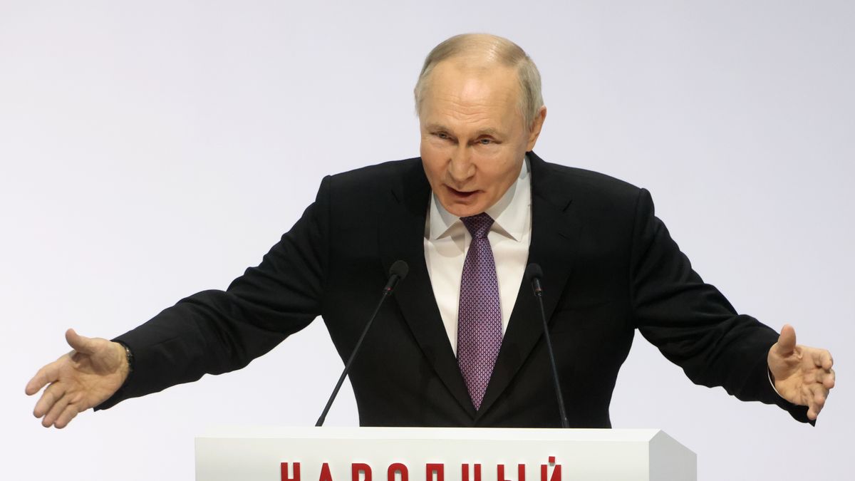 TULA, RUSSIA - FEBRUARY 2: (RUSSIA OUT) Russian President Vladimir Putin delivers a speech during the All For The Victory Military Forum on February 2, 2024 in Tula, Russia. More than 500 participants including defense industry workers, volunteers, doctors and bloggers, who support the Russian invasion of Ukraine gathered at a military forum which was hosted by Kremlin-backed People's Front. (Contributor/Getty Images)