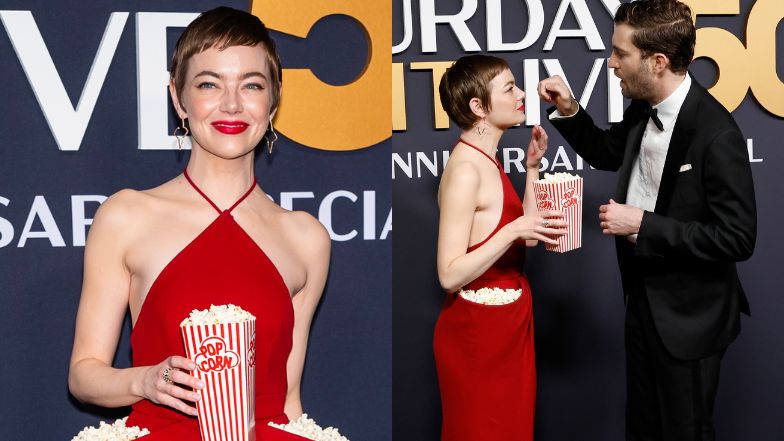 Emma Stone w krótkich włosach i z popcornem w sukience