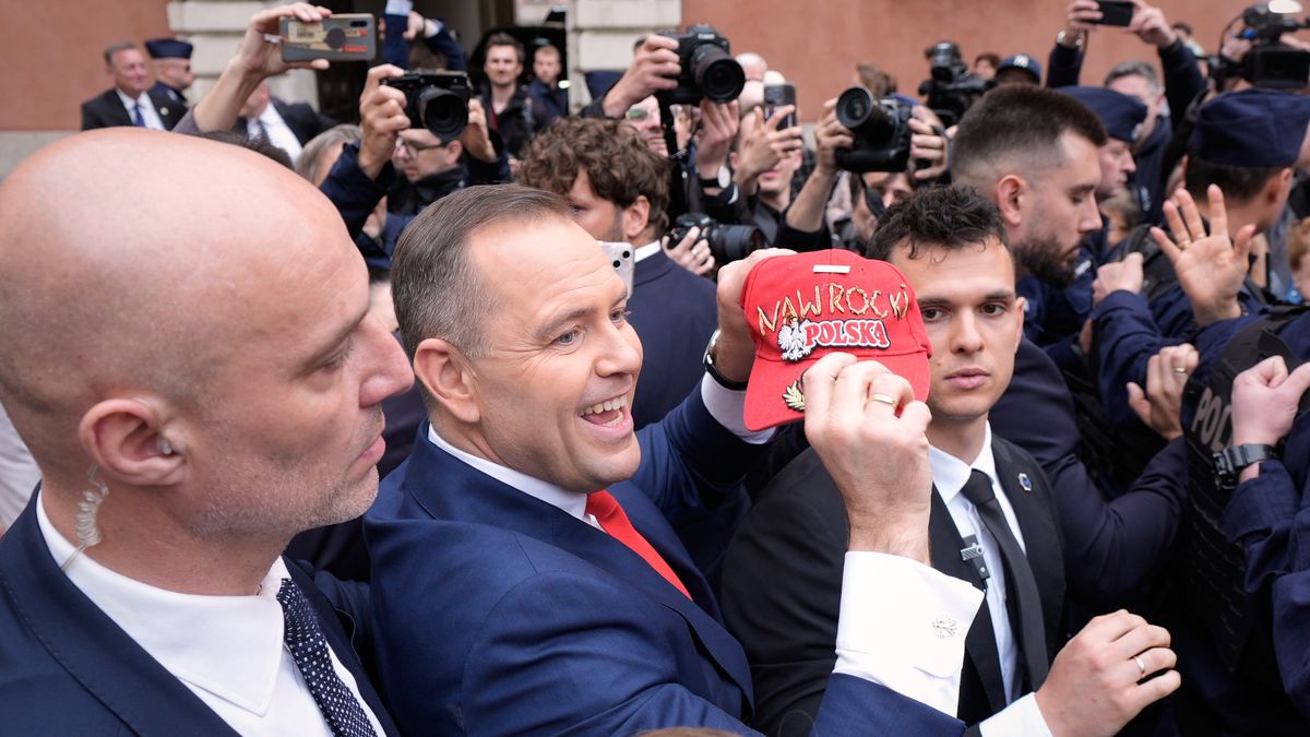 President elect Karol Nawrocki greets fans and supporters after his certification ceremony at the Royal Castle Square in Warsaw, Poland on 11 June, 2025. (Photo by Jaap Arriens/NurPhoto via Getty Images)