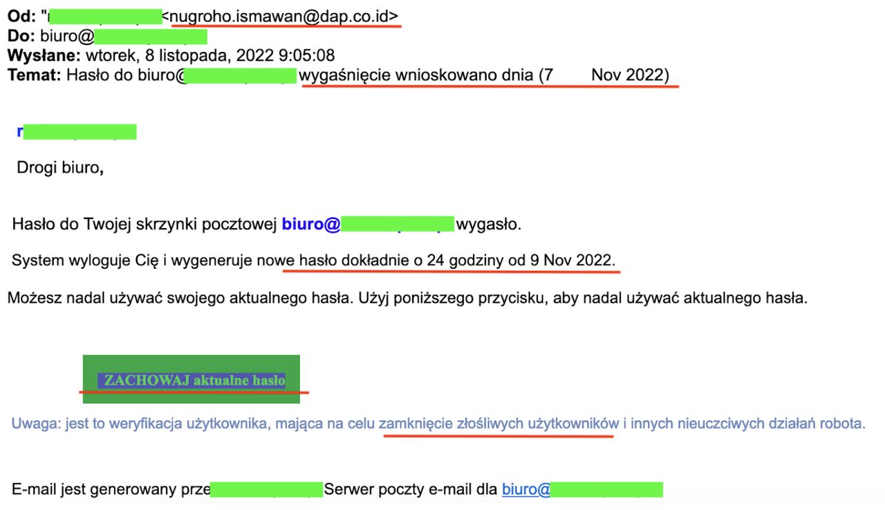 Przykład podszycia pod administratora usługi pocztowej