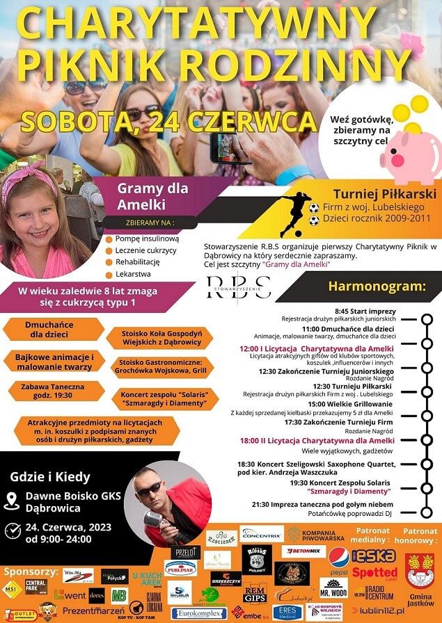 Plakat wydarzenia - Piknik rodzinny w Dąbrowicy "Gramy dla Amelki"