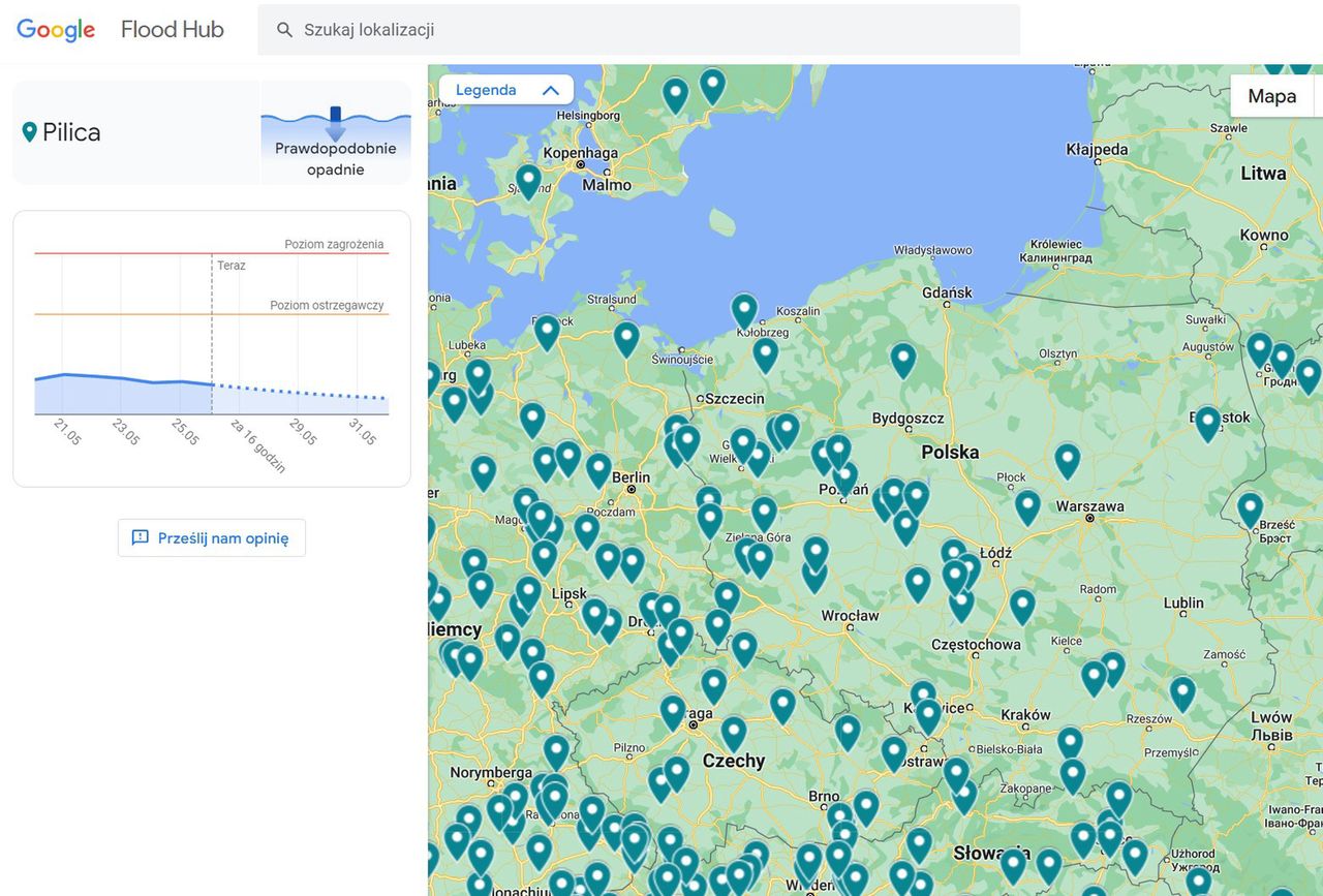Szczegóły dotyczące poziomu wody w wybranej lokalizacji, tutaj Pilica