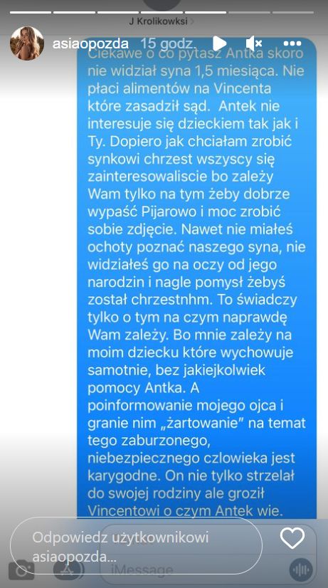 Joanna Opozda pokazała SMS-a do Jana Królikowskiego