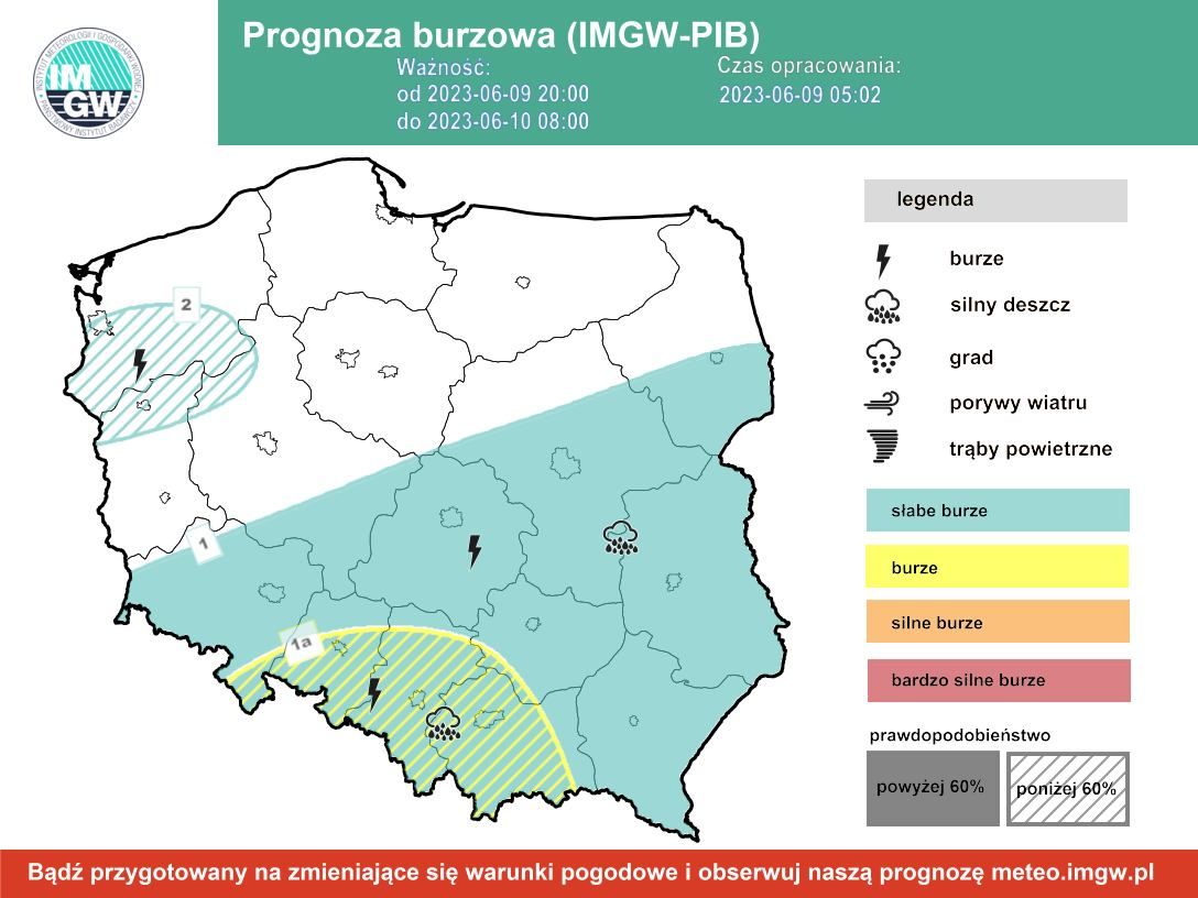 Prognoza burzowa IMGW na noc z piątku na sobotę, 9-10 czerwca