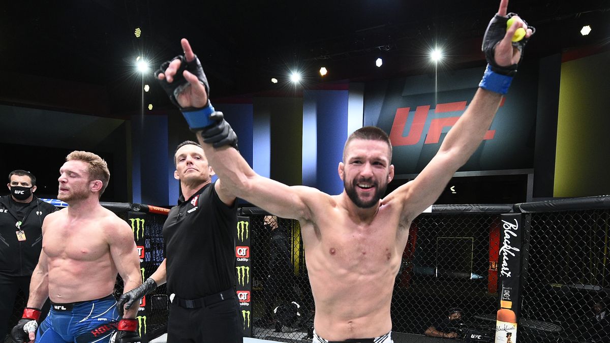 LAS VEGAS, NEVADA - APRIL 10: Mateusz Gamrot of Poland reacts after his knockout victory over Scott Holtzman in a lightweight fight during the UFC Fight Night event at UFC APEX on April 10, 2021 in Las Vegas, Nevada. (Photo by Chris Unger/Zuffa LLC)