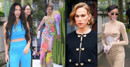 Gwiazdy na nowojorskim pokazie Moschino: przemoczone pantalony Megan Fox, Gigi Hadid z butlą dla niemowląt, odmieniona Tommy Dorfman (ZDJĘCIA)