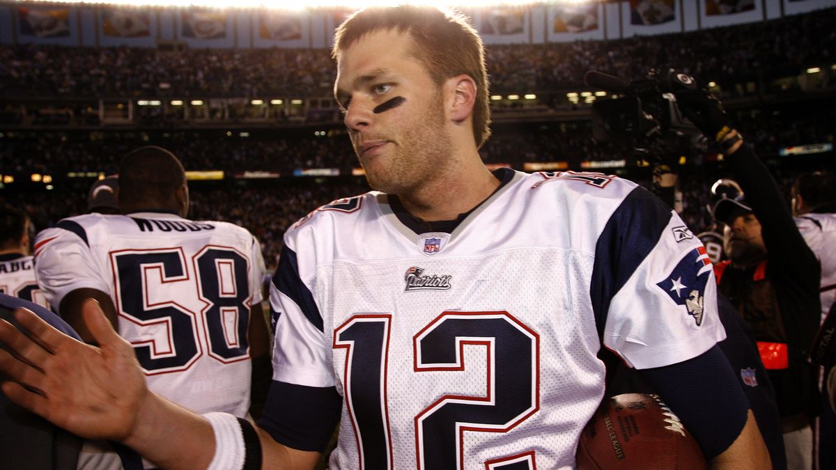 SAN DIEGO - JANUARY 14:  Tom Brady #12 of the  New England Patriots celebrates their win. The  New England Patriots defeat the San Diego Chargers  24-21 in the AFC Divisional Playoff game at Qualcomm Stadium on January 14, 2007 in San Diego, California. (Photo by Tom Hauck/Getty Images)