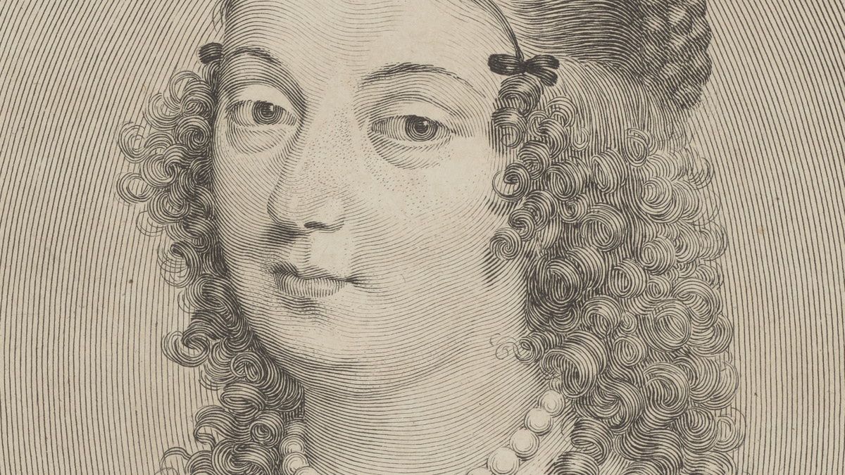 2. Maria Gonzaga na miedziorycie z 1645 roku. Portret jest znany w wielu zbliżonych do siebie wariantach, zwykle niezbyt udanych