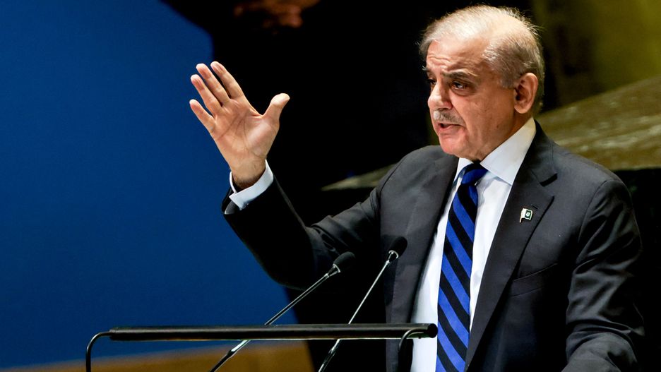 Shehbaz Sharif, Pakistan's prime minister, speaks during the United Nations General Assembly (UNGA) in New York, US, on Friday, Sept. 27, 2024. World leaders from more than 190 nations have descended on New York City for the general assembly's annual high level debate as well as discussions on the war in Gaza, Russia's invasion of Ukraine and issues ranging from climate change to the challenge posed by artificial intelligence. Photographer: Jeenah Moon/Bloomberg via Getty Images