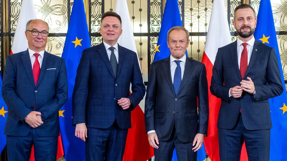 Opposition party leaders Wlodzimierz Czarzasty one of the leaders of the New Left (L) party, leader of the Poland 2050 party, Szymon Holownia (2nd L) , leader of the Civic Coalition (KO), Donald Tusk (2nd R) and leader of the Polish People's Party (PSL), Wladyslaw Kosiniak Kamysz (R) while making a statement to the press in which they declare their willingness to cooperate and take over coalition rule in Poland. The opposition's joint candidate for future prime minister is Donald Tusk , in Warsaw, Poland, October 24, 2023.
POLAND OUT

POLAND OUT
 (Photo by Andrzej Iwanczuk/NurPhoto via Getty Images)