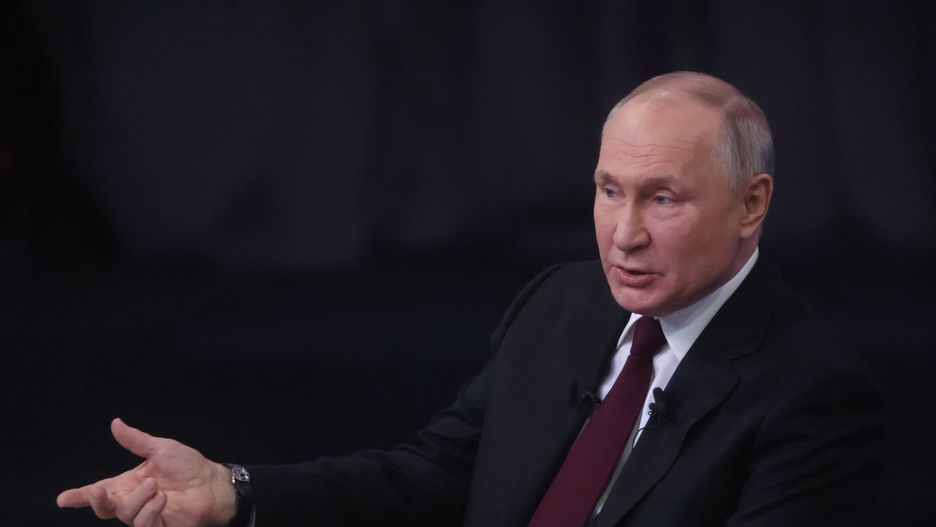 MOSCOW, RUSSIA - DECEMBER 14: (RUSSIA OUT) Russian President Vladimir Putin gestures during his combine call-in-show and annual press conference on December 14, 2023 in Moscow, Russia. About 1000 journalists were gathered in the Moscow Gostiny Dvor, also known as the Old Merchant Court for Putin's 4-hours long annual event, as a part of his campaign for the 2024 Presidential elections. (Photo by Contributor/Getty Images)