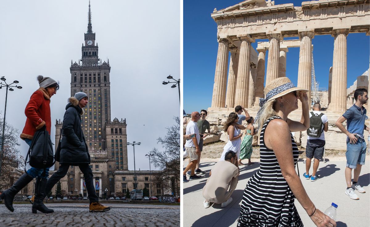 Ludzie spacerujący w Warszawie (po lewej) i w Atenach (po prawej)