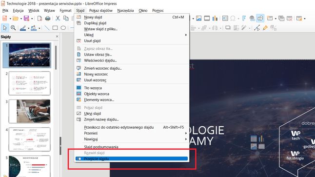 LibreOffice Impress: menu SLAJD