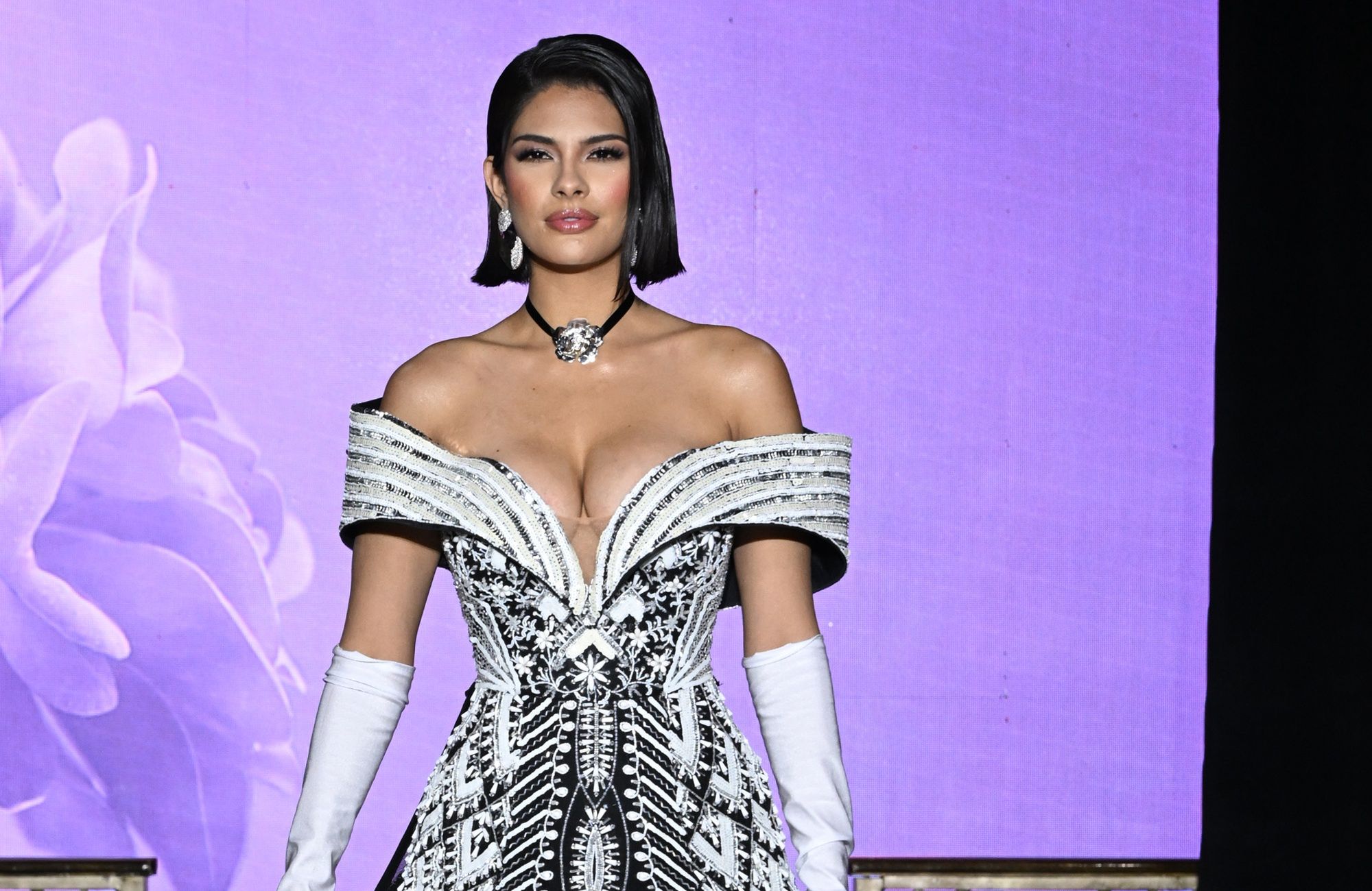 NEW YORK, NEW YORK - FEBRUARY 09: Sheynnis Palacios walks the runway wearing Rian Fernandez during hiTechMODA NYFW Season 11 at The Edison Ballroom on February 09, 2024 in New York City. (Photo by Slaven Vlasic/Getty Images for hiTechMODA)