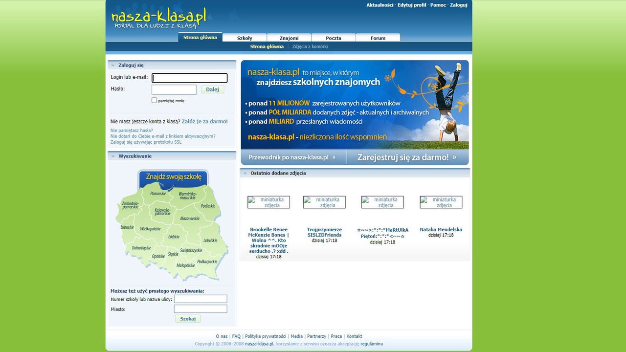 Nasza-Klasa.pl, strona główna w 2008 roku