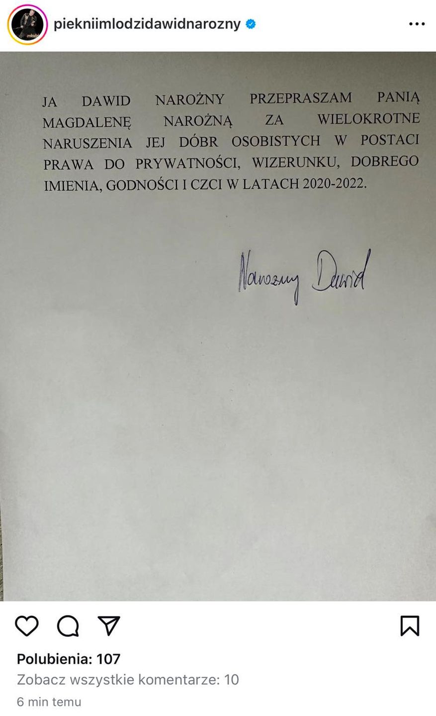 Publikacja na instagramowym profilu Dawida Narożnego
