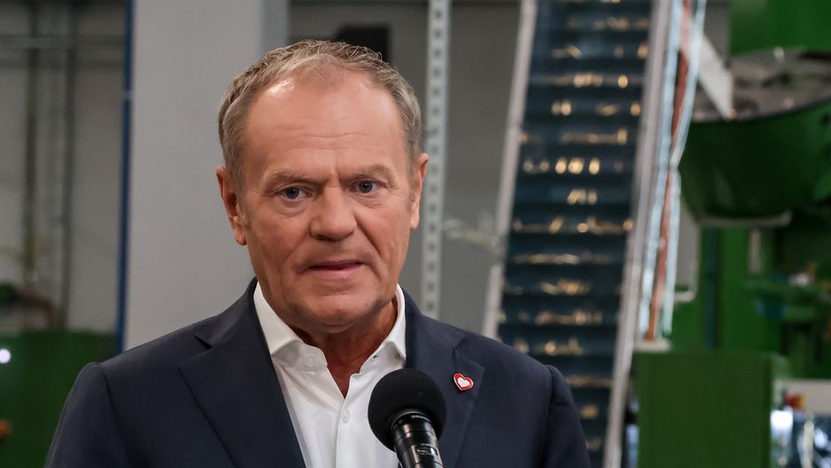 Prime Minister of Poland Donald Tusk speaks to the media during the press conference on an official opening day  of Project 400 - a new production hall of Mesko ammunition production company on June 13, 2025 in Skarysko Kamienna, Poland. Thanks to new production lines Mesko will increase production from 50 mln to 250 mln per year. (Photo by Dominika Zarzycka/NurPhoto via Getty Images)