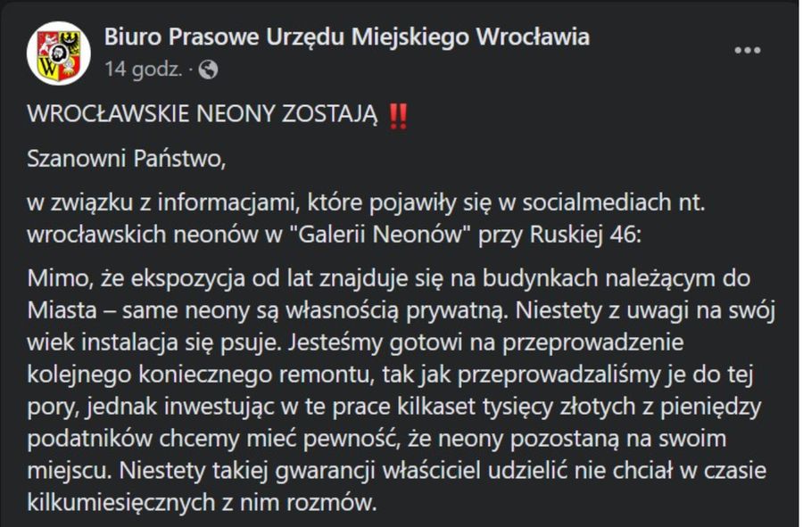 Kłótnia o neony we Wrocławiu