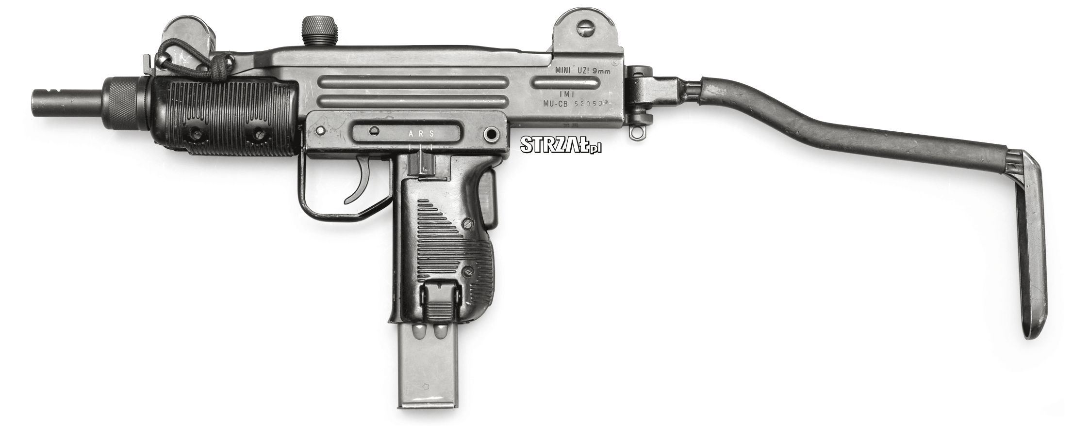 Mini Uzi strzelający z zamka zamkniętego z kolbą rozłożoną – w porównaniu z poprzednim uwagę zwraca inna kolba i zamek z profilowanym wycięciem kanału wyrzutowego