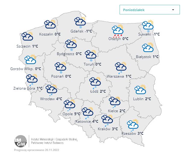 Mapa pogodowa na poniedziałek