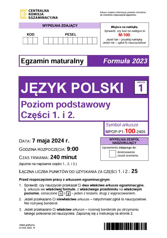 Arkusz CKE z języka polskiego na poziomie podstawowym, strona 1