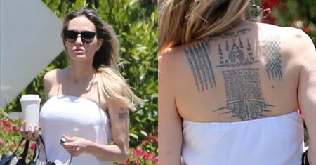Angelina Jolie wyskoczyła po kawę i odsłoniła GIGANTYCZNY TATUAŻ na plecach. Widzieliście, że ma taką dziarkę? (FOTO)