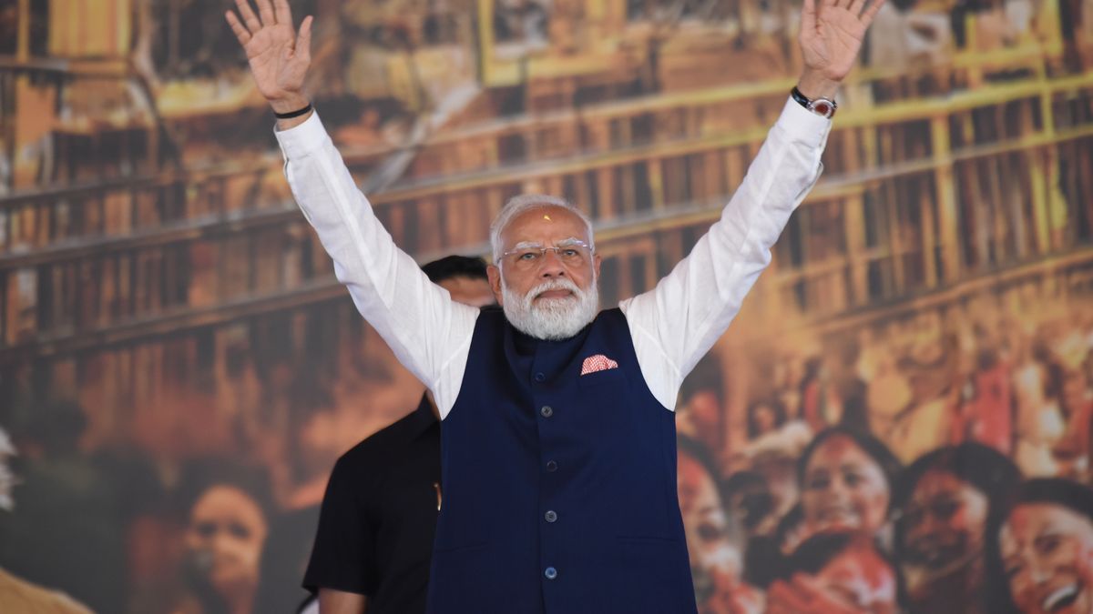 India's Prime Minister Narendra Modi waves to supporters during the swearing-in ceremony of the newly elected Chief Minister of West Bengal state in Kolkata, India, on May 9, 2026. (Photo by Debajyoti Chakraborty/NurPhoto via Getty Images)