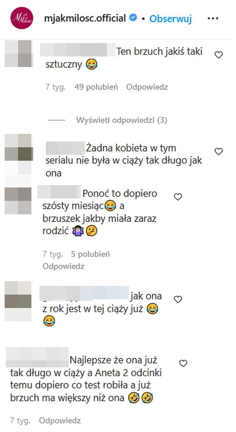 Komentarze internautów na oficjalnym profilu "M jak miłość" na Instagramie
