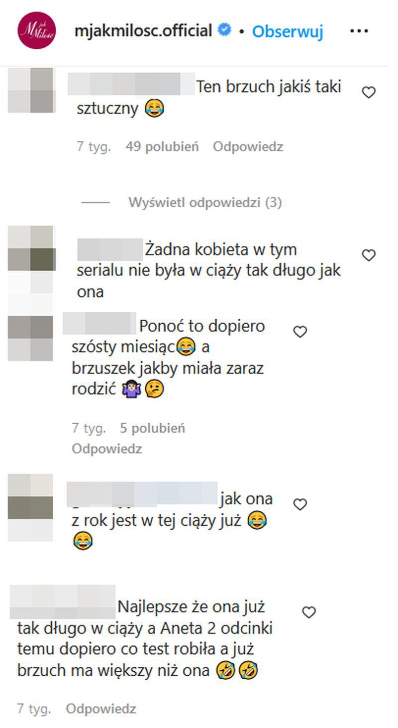 Komentarze internautów na oficjalnym profilu "M jak miłość" na Instagramie 