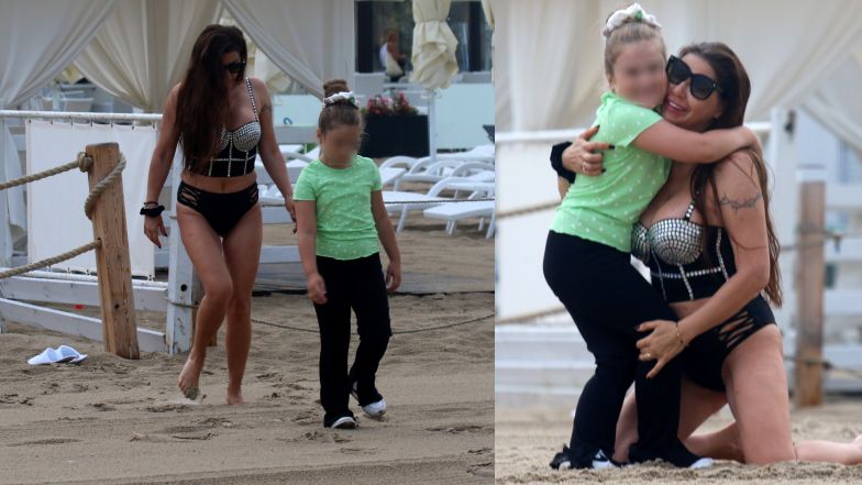 Roznegliżowana Iwona Węgrowska pręży się na plaży w towarzystwie córki
