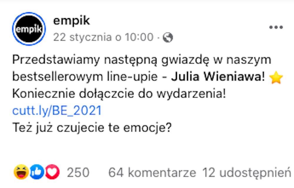 Bestsellery Empiku 2022 – wiadomość o Julii Wieniawie