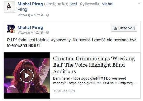 Michał Piróg o śmierci Christiny Grimmie