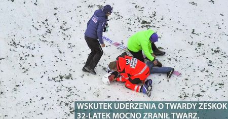 Piotr Żyła miał obdartą skórę na twarzy i zalał się krwią po groźnie wyglądającym upadku na skoczni w Wiśle.