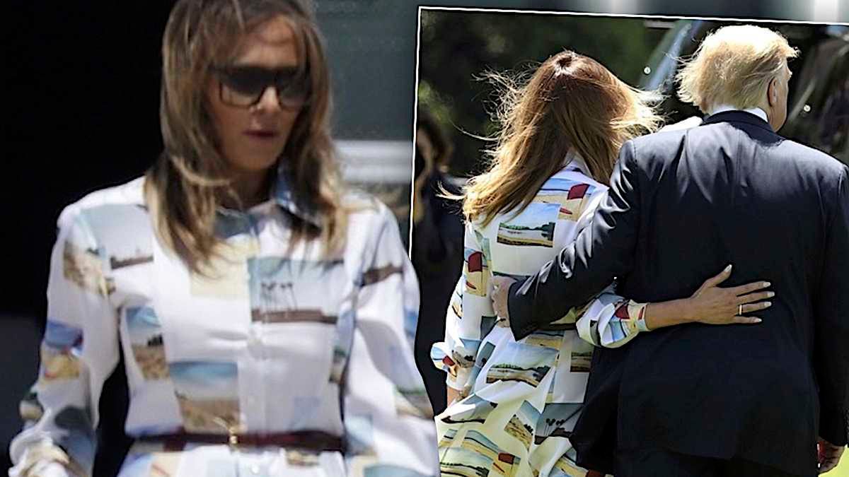 Rozczochrana Melania Trump walczy z wiatrem przed wylotem do Japonii! Jej piękna markowa suknia za 15 tysięcy złotych fruwała jak latawiec!