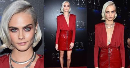 Wychudzona Cara Delevingne w lateksowej mini
