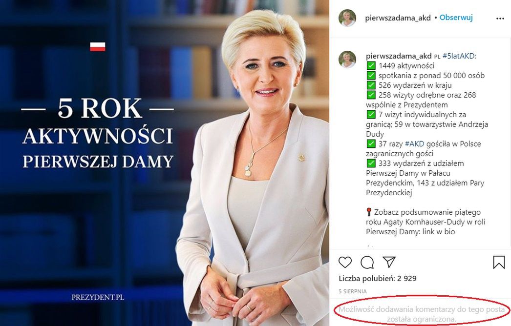 Agata Kornhauser-Duda blokuje komentarze na Instagramie