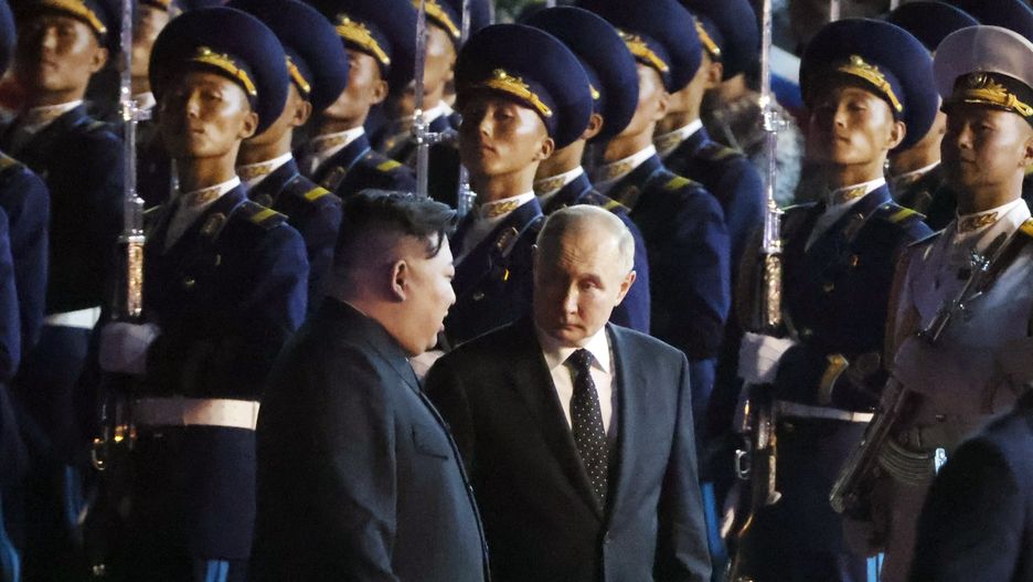 PYONGYANG, NORTH KOREA- JUNE 19 (RUSSIA OUT) Russia's President Vladimir Putin (R) listens to North Korean Supreme Leader Kim Jong Un (L) during a departure ceremony at the airport after Russian-North Korean talks,  June 19, 2024, in Pyongyang, North Korea. Russian President Vladimir Putin is in North Korea for a two-day diplomatic visit. (Photo by Contributor/Getty Images)