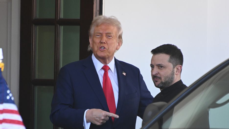 WASHINGTON, DC - FEBRUARY 28: U.S. President Donald Trump (L) greets Ukrainian president Volodymyr Zelensky as he arrives at the White House on February 28, 2025 in Washington, DC. (Photo by Chen Mengtong/China News Service/VCG via Getty Images)